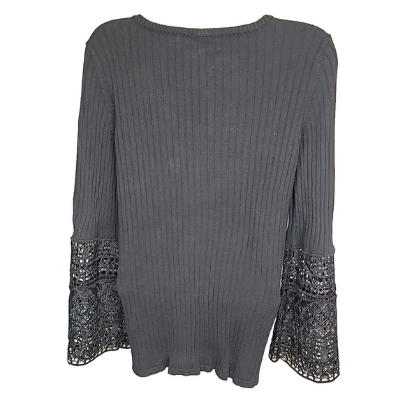 TRIBAL JEANS Black Crochet Embellished Sleeves Pullover Sweater Size G/L - Picture 10 of 11